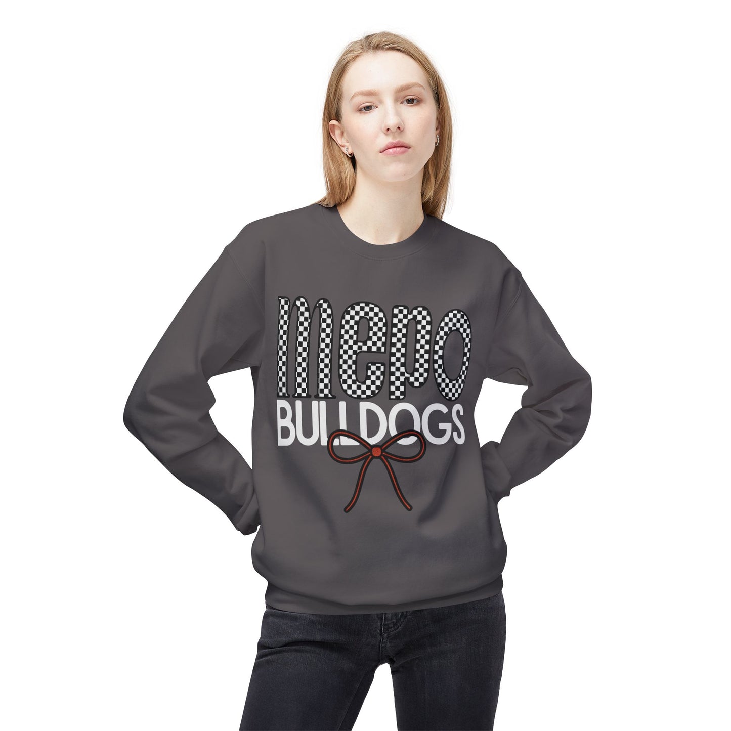 Bulldogs Checkered Bow Crewneck | Gildan Soft-Style