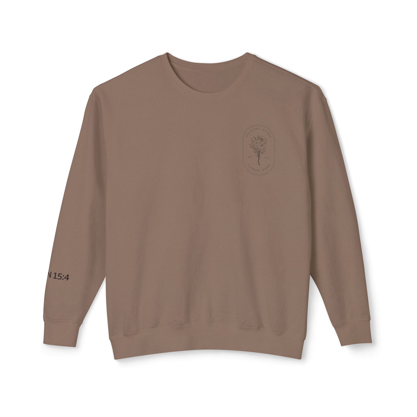 Abiding Acres Adult Crewneck | Printed JOHN 15:4 Sleeve | Comfort Colors