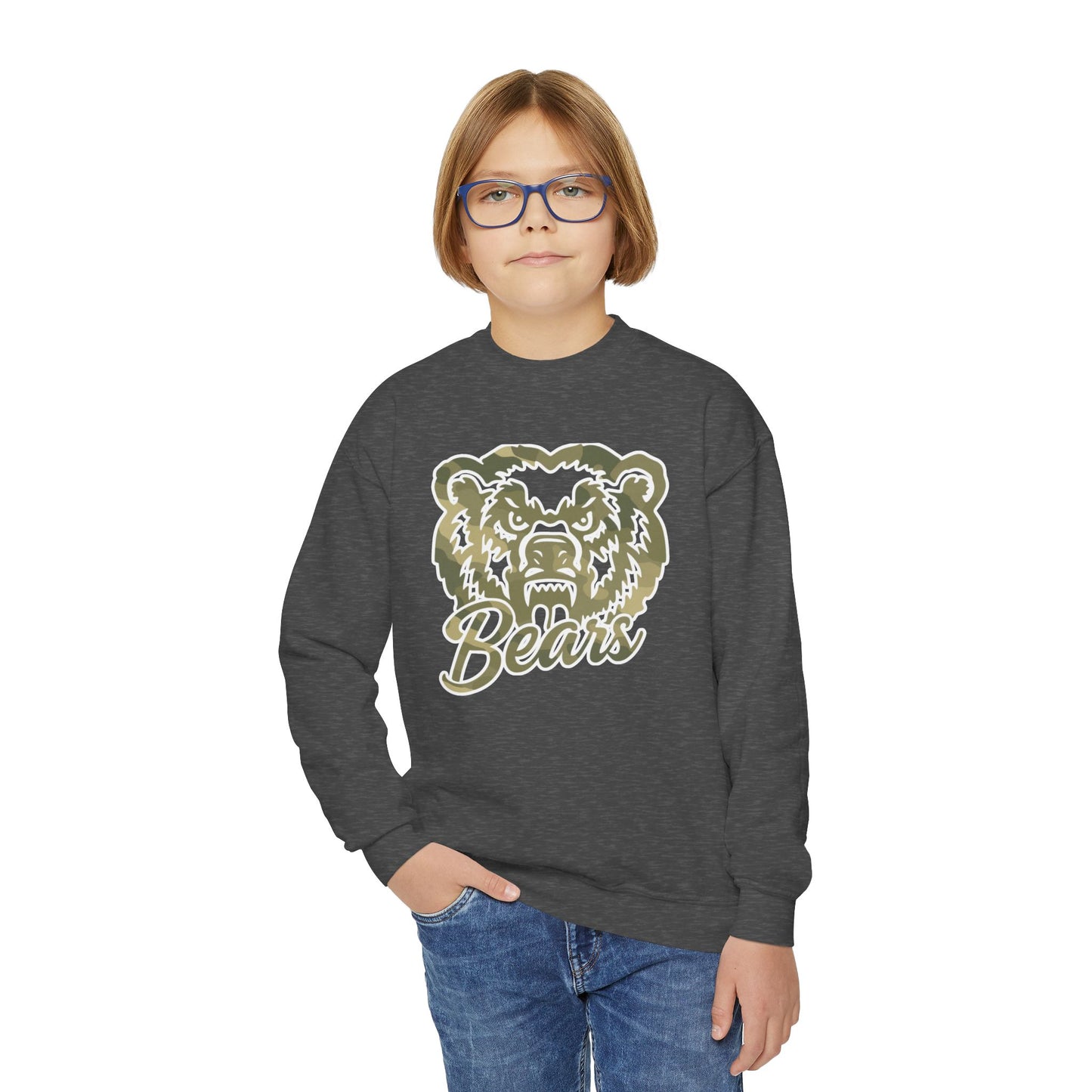 Youth Camo Bears Crewneck Sweatshirt | Gildan Softstyle