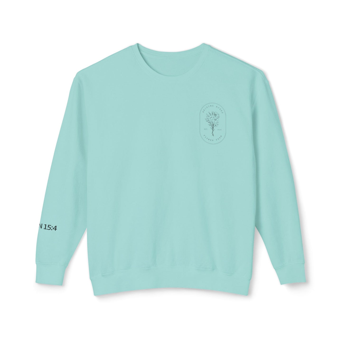 Abiding Acres Adult Crewneck | Printed JOHN 15:4 Sleeve | Comfort Colors