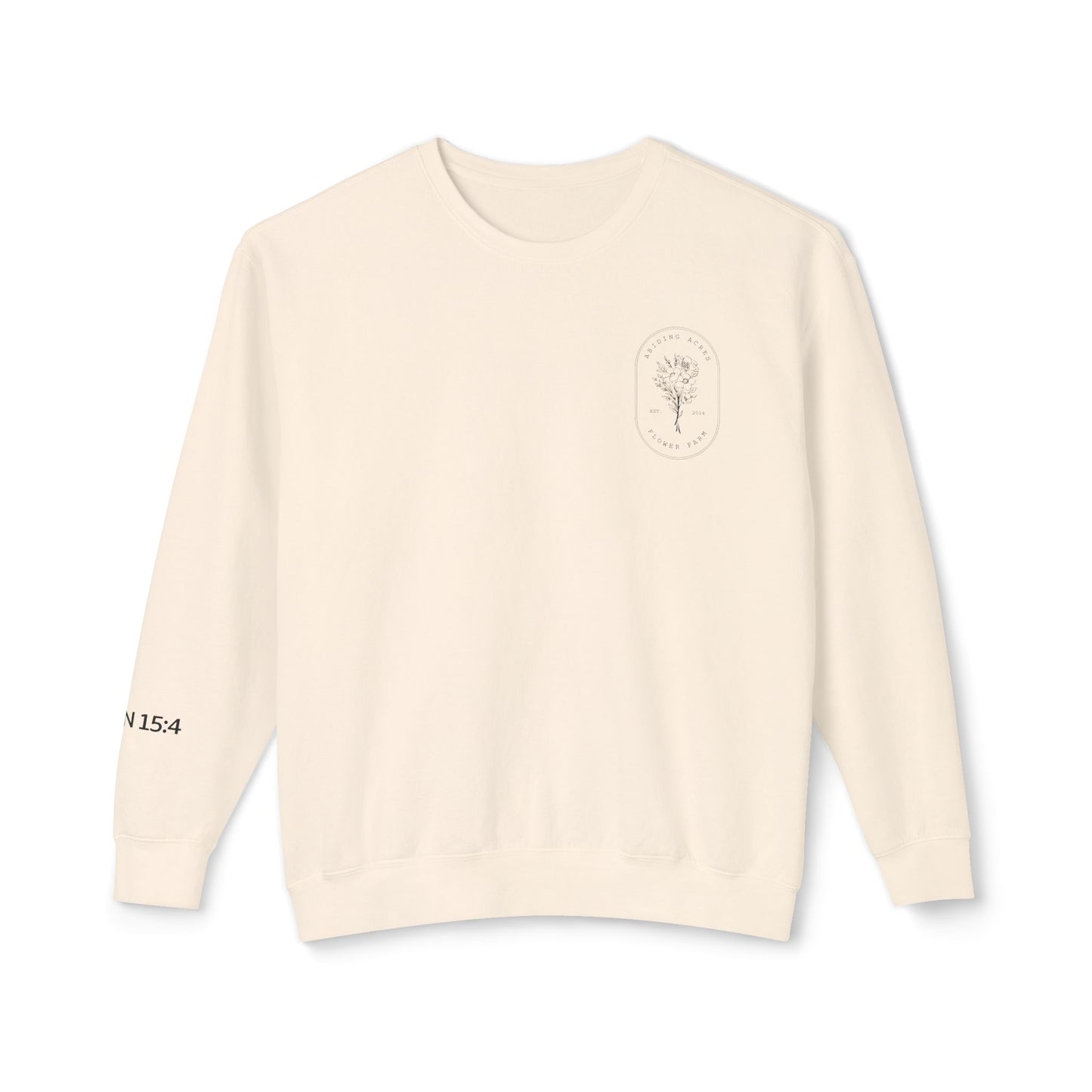 Abiding Acres Adult Crewneck | Printed JOHN 15:4 Sleeve | Comfort Colors