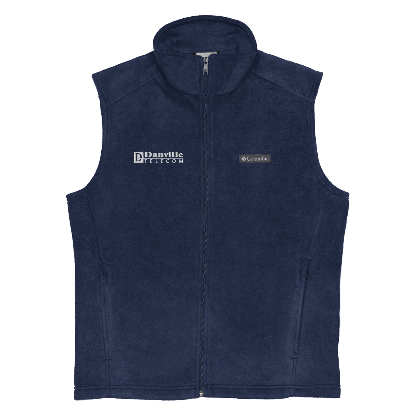 💡Danville Telecom Men’s Columbia fleece vest: White Logo/Grey Spark